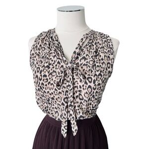 LOFT Petite Leopard Print Sleeveless Blouse with Bow Tie Brown Tan Black Sz SP